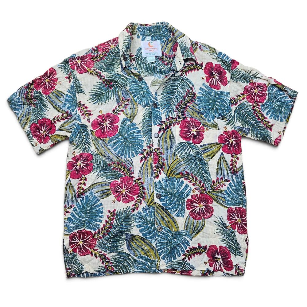 PINEAPPLE MOON Hawaiian Shirt Men's L VTG 90s Hibiscus Tropical Aloha Resortwear